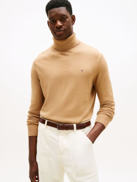Brown Cotton Cashmere Roll Neck Jumper  Men