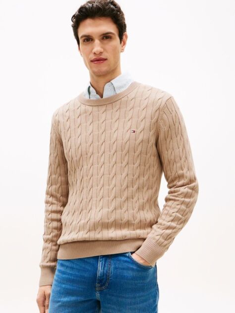 Beige Cable Knit Crew Neck Jumper  Men