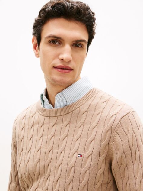 Beige Cable Knit Crew Neck Jumper  Men