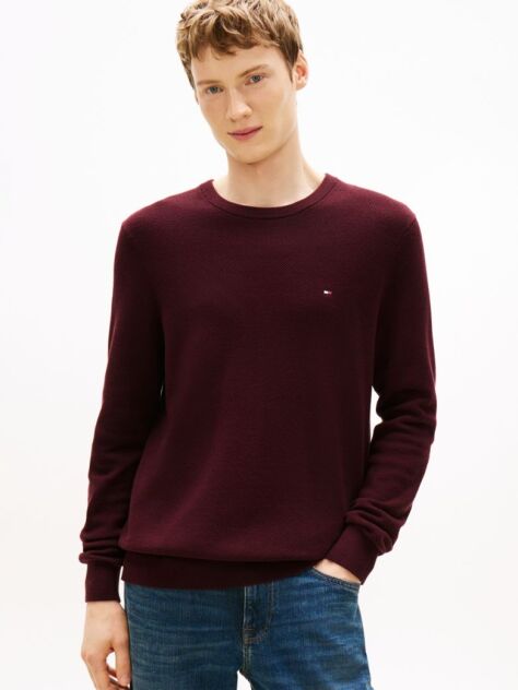 Red Crew Neck Textured Knit Jumper  Men