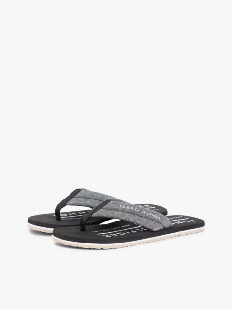 Black Pure Linen Chambray Jacquard Flip-Flops  Men