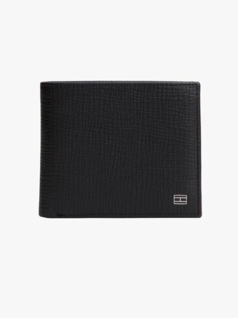 Black Hilfiger Flag Leather Card And Coin Bifold Wallet  Men