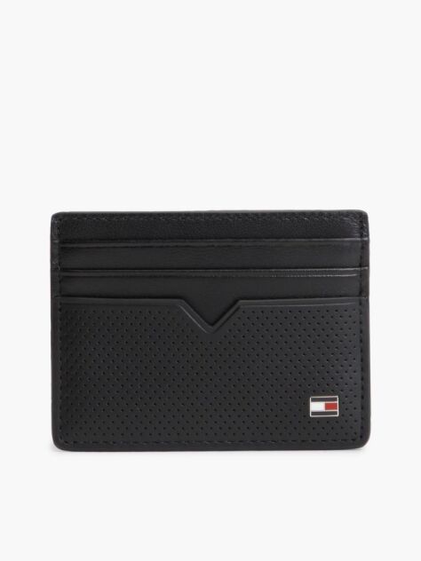 Black Perforated Leather Enamel Flag Card Holder  Men