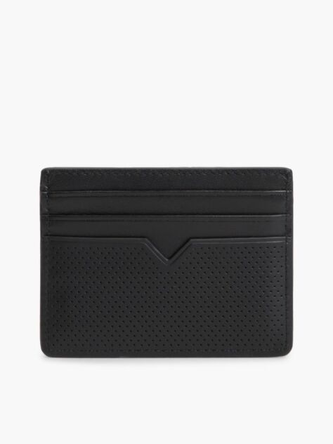 Black Perforated Leather Enamel Flag Card Holder  Men