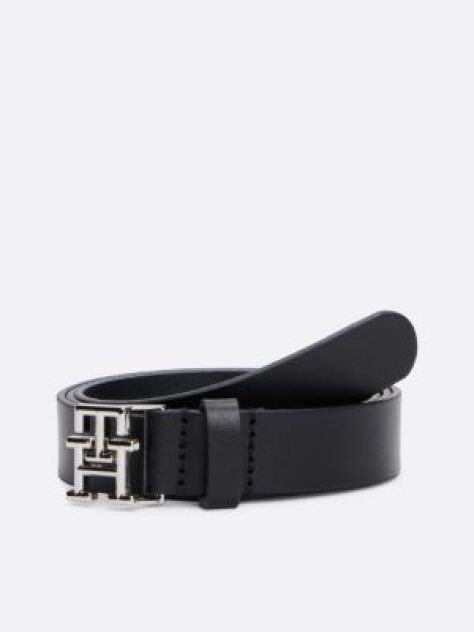 Black TH Emblem Plaque Leather Belt  Women