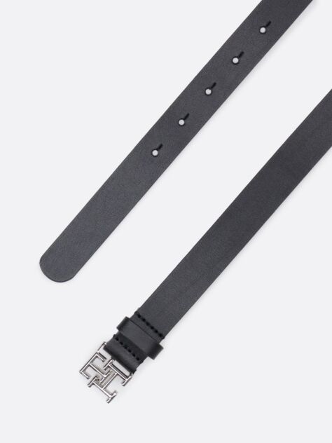 Black TH Emblem Plaque Leather Belt  Women