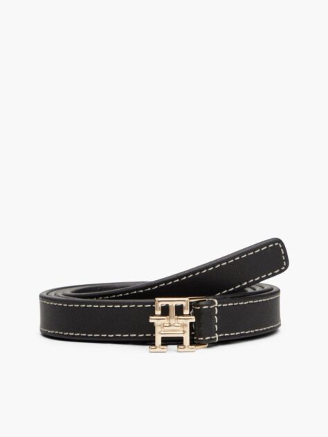 Black Leather TH Monogram Plaque Buckle Belt  Women