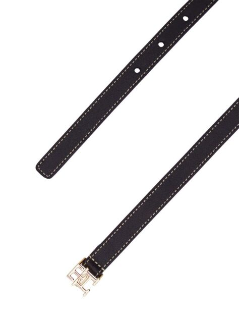 Black Leather TH Monogram Plaque Buckle Belt  Women