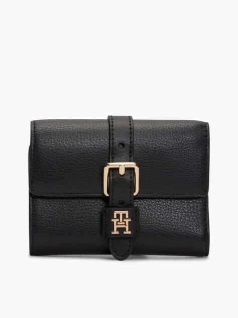 Black Pebble Grain Buckle Trifold Wallet  Women
