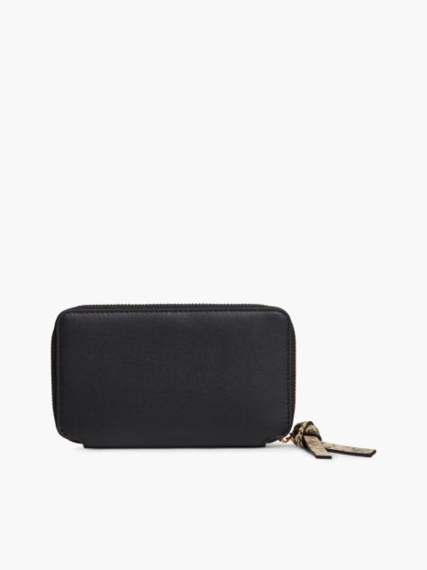 Black Leather Metal Logo Zip-Around Wallet  Women