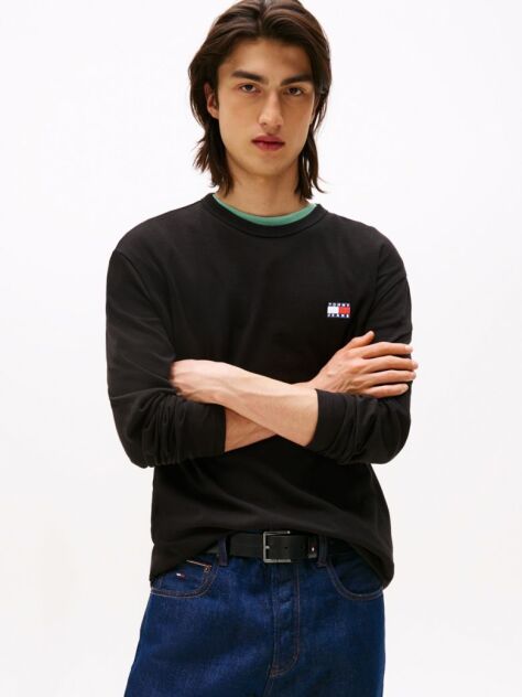 Black Tonal Tommy Badge Long Sleeve T-Shirt  Men