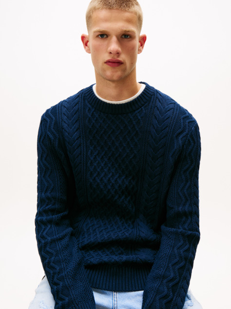 Blue Tommy Badge Cable Knit Slim Jumper  Men