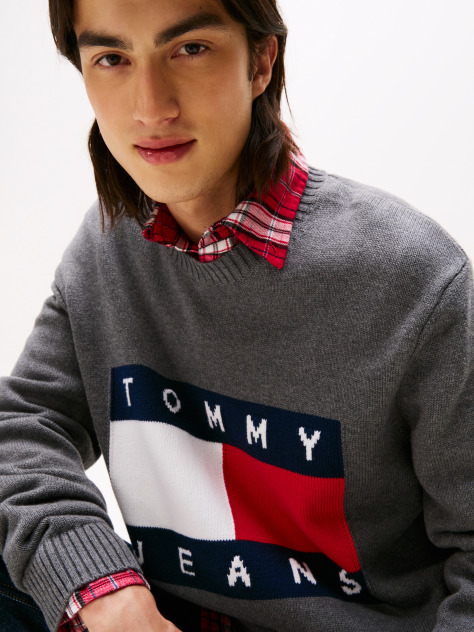 Grey Intarsia Flag Badge Mélange Jumper  Men