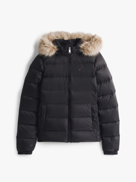 Black Faux Faur Hooded Down-Filled Fitted Jacket  Women