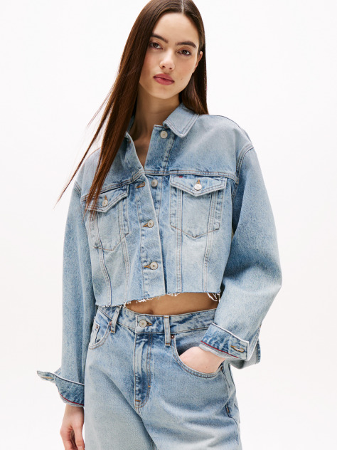 Denim Back Logo Oversized Cropped Denim Jacket  Women