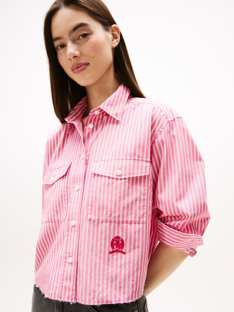 Multi Crest Embroidery Relaxed Fit Cropped Shirt  Women