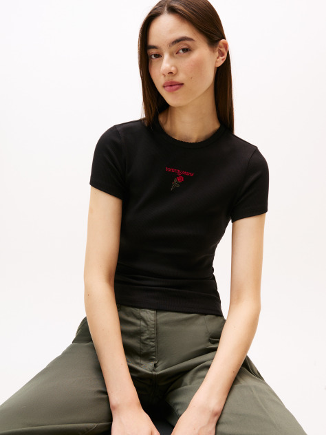 Black Logo Embroidery Slim T-Shirt  Women