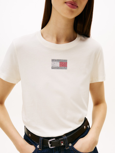 White Diamanté Flag Crew Neck T-Shirt  Women
