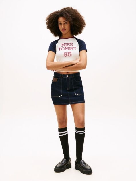Denim Flag Embroidery Denim Straight Mini Skirt  Women