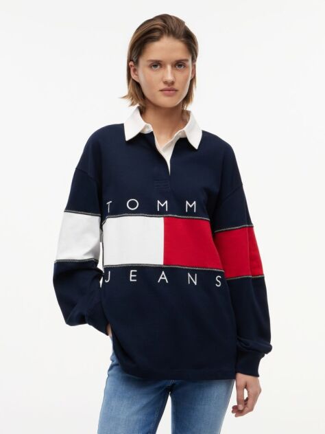 Blue Tommy Flag Jersey Oversized Rugby Shirt  Women
