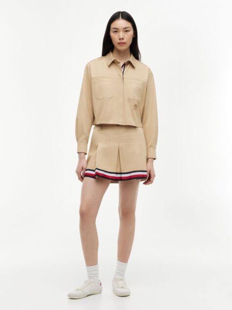 Beige Relaxed Fit Crest Embroidery Cropped Shirt  Women