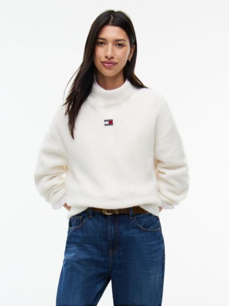 White Tommy Badge Mock Neck Jumper With Alpaca  Women