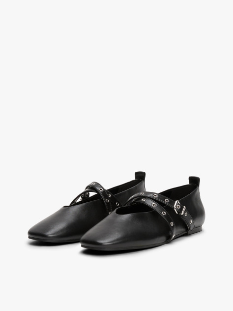 Black Leather Crossover Strap Mary Janes  Women