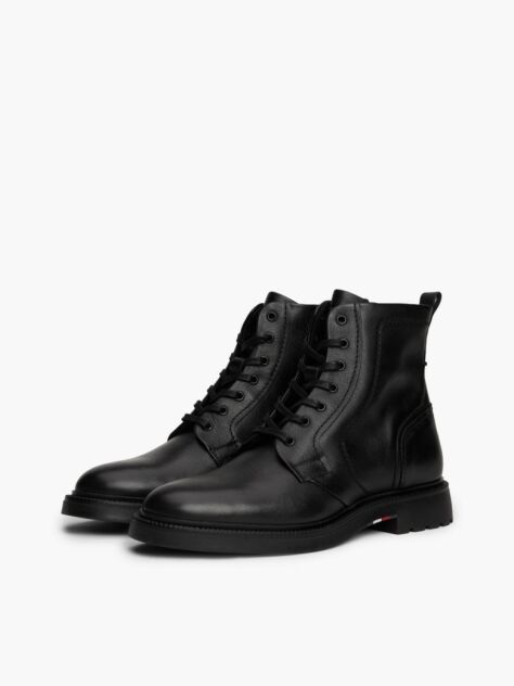 Black Lightweight Leather Lace-Up Mid Boots  Men