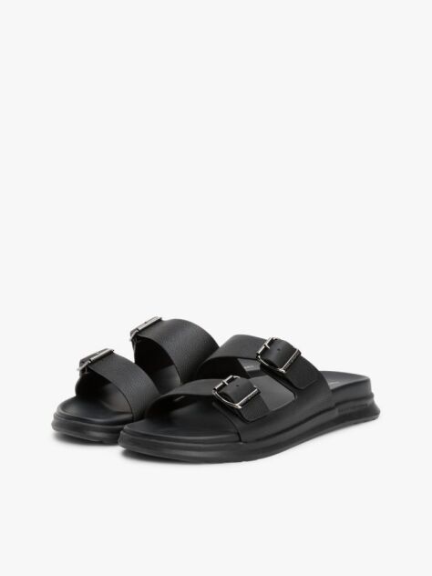 Black Leather Buckle Strap Sandals  Men