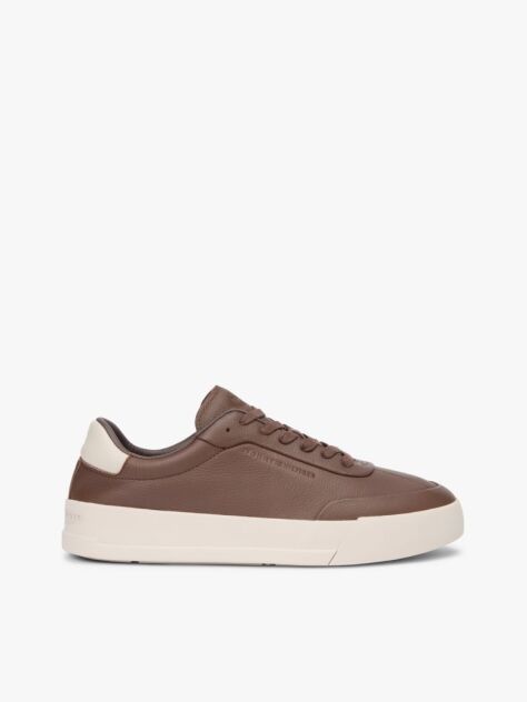 Brown Leather Debossed Logo Court Trainers  Men