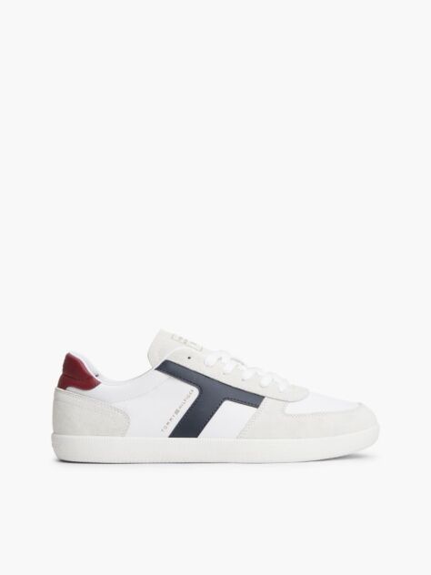 White Leather Mixed Texture Trainers  Men