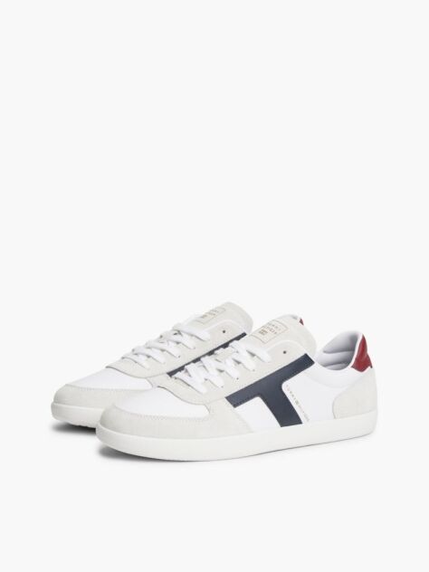 White Leather Mixed Texture Trainers  Men