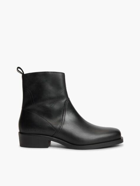 Black Leather Topstitch Zip-Up Biker Boots  Men