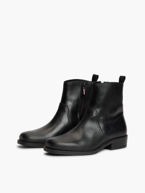 Black Leather Topstitch Zip-Up Biker Boots  Men