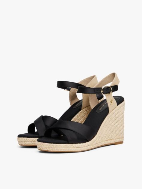Black Satin Strap Espadrille Wedge Sandals  Women