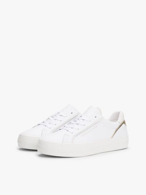 White Leather Metallic Embossed Trainers  Women