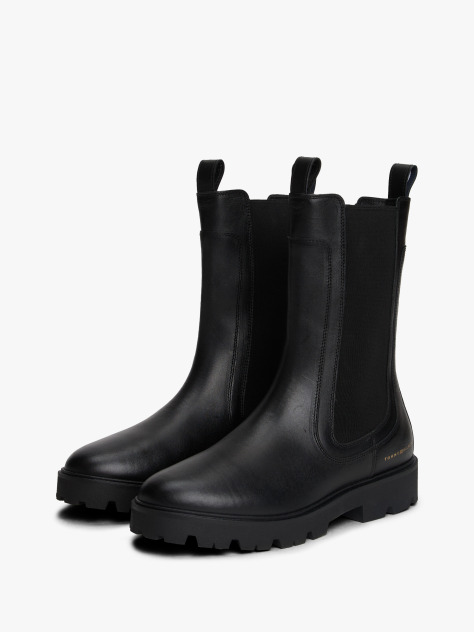 Black Leather Cleat Mid Chelsea Boots  Women