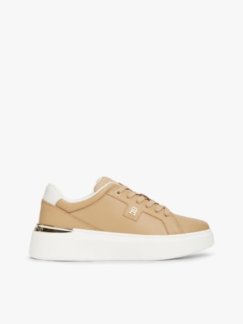 Beige Metallic TH Monogram Leather Platform Trainers  Women