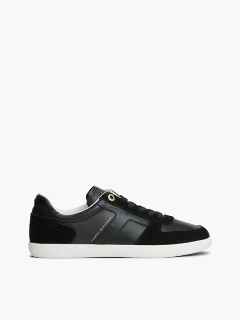 Black Leather Mixed Texture Enamel Flag Trainers  Women