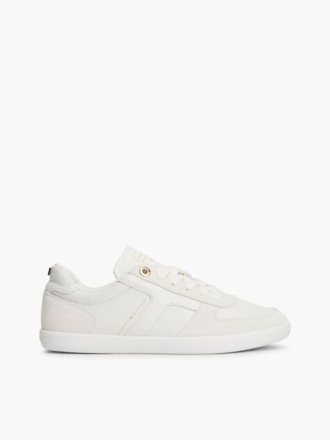 Beige Leather Mixed Texture Enamel Flag Trainers  Women