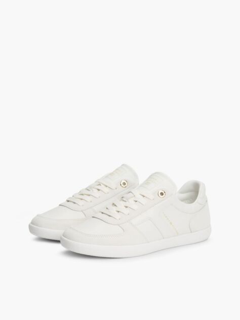 Beige Leather Mixed Texture Enamel Flag Trainers  Women