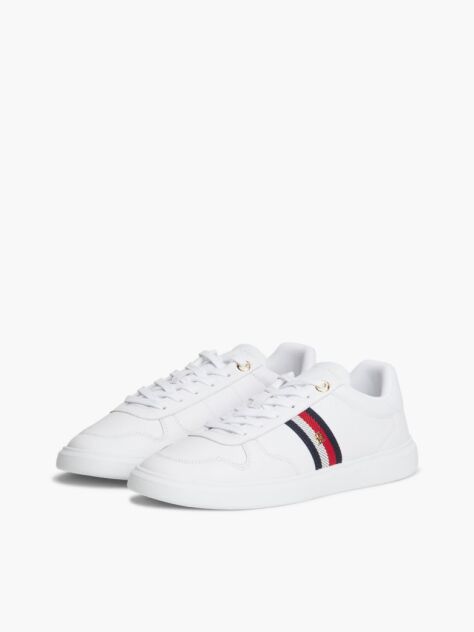 White Global Stripe Leather Court Trainers  Women