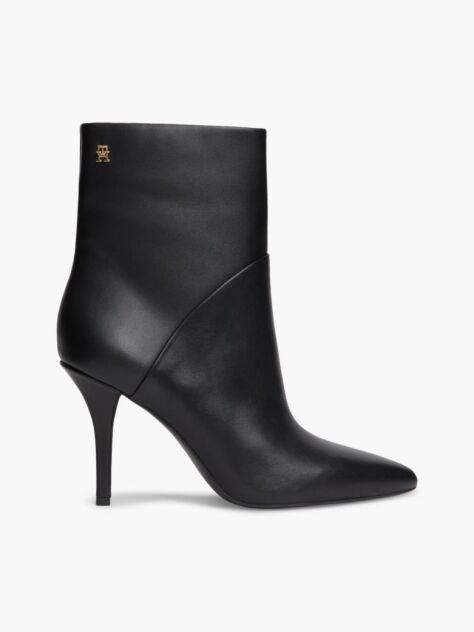 Black Leather Pointed Toe Heeled Ankle Boots  Women