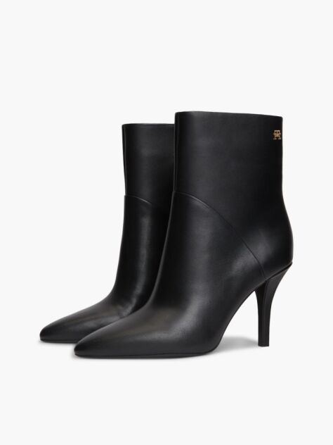 Black Leather Pointed Toe Heeled Ankle Boots  Women