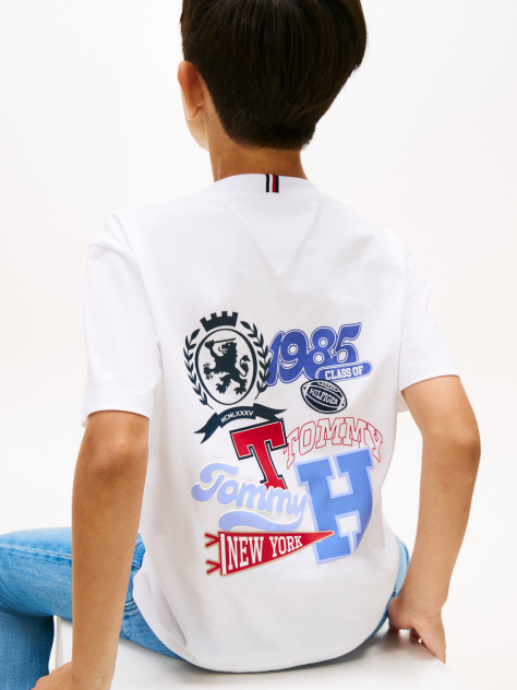 White Varsity Multi Badge Print Short Sleeve Tee  Boys