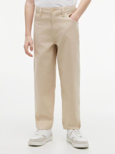 Beige Herringbone Barrel Leg Twill Trousers  Boys
