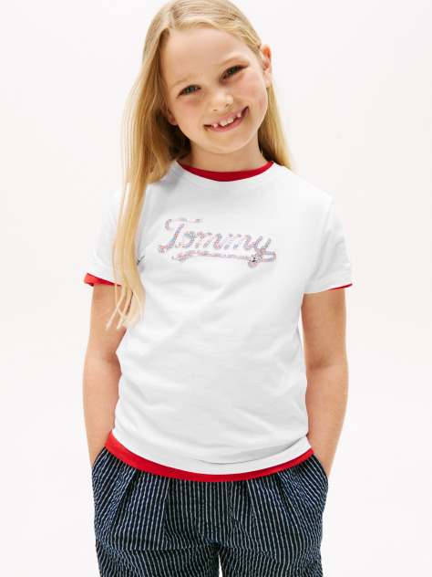 White Tommy Script Sequins T-Shirt Short Sleeve  Girls