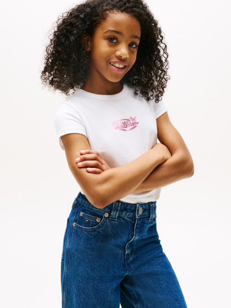 White Metallic Logo Extra Slim T-Shirt  Girls