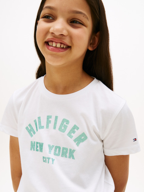 White Glitter Curve NYC Logo T-Shirt  Girls