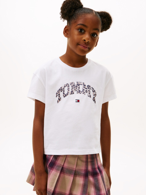 White Varsity Leopard Print Sateen Logo T-Shirt  Girls